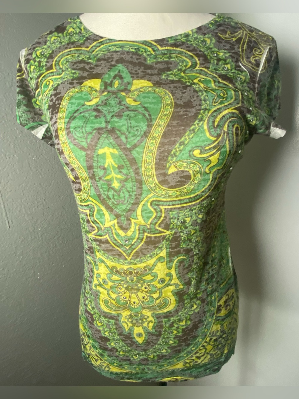 Y2K INC Boho Green & Brown Burnout Mandala Print Rhinestone Size Small